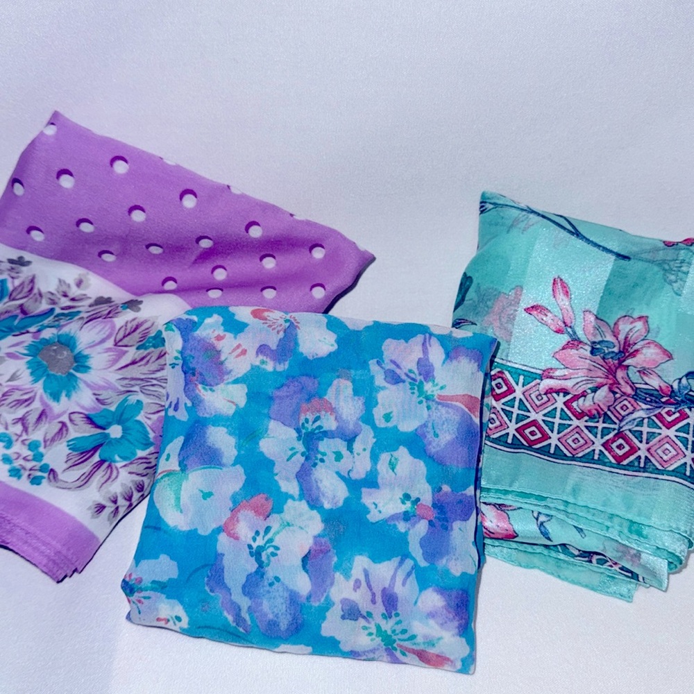 3 woman’s vintage head scarves. Mint green, pink and purple. 2 square and 1 long